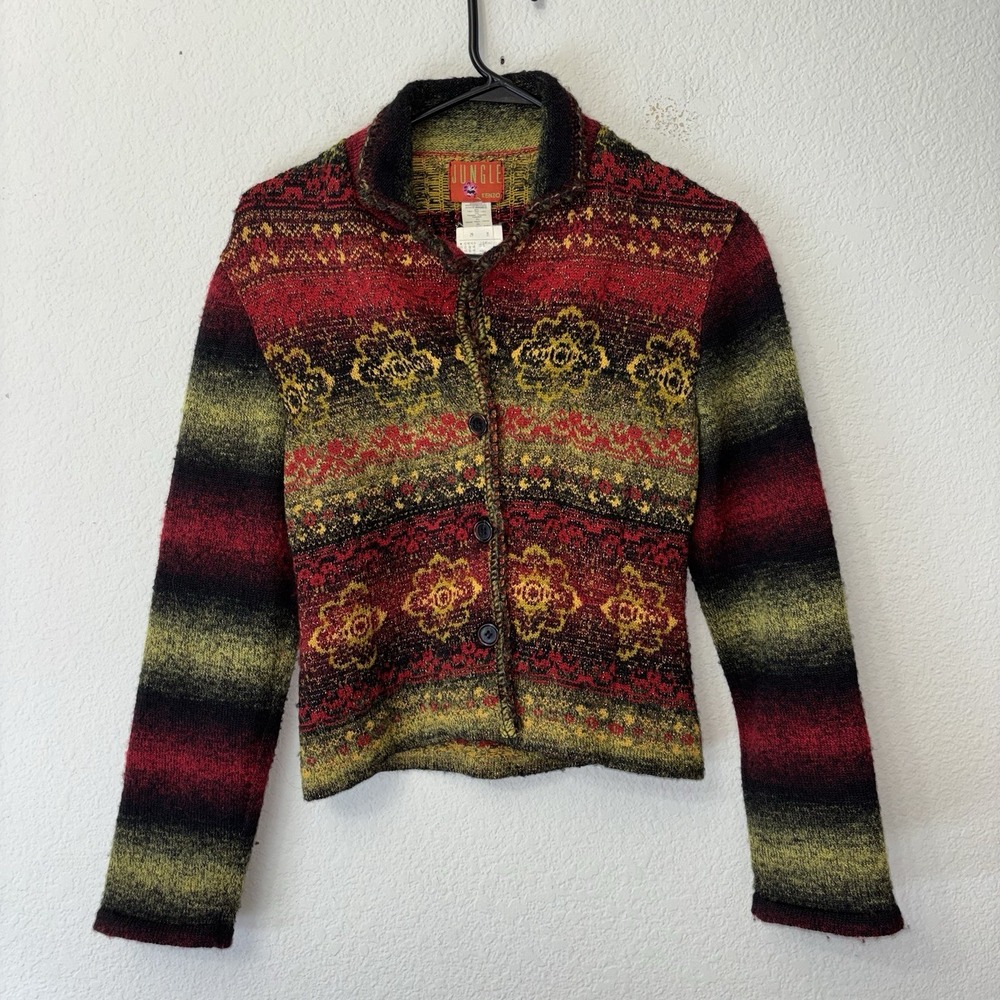 Kenzo Jungle Vintage Knit Jaquard Cardigan Wool Sweater Multicolor Womens M Crop